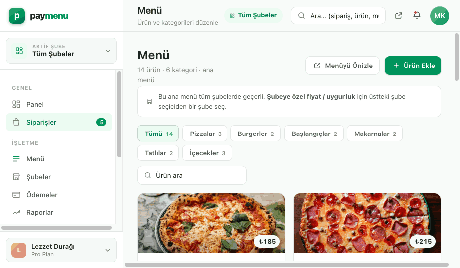 Menu management screen